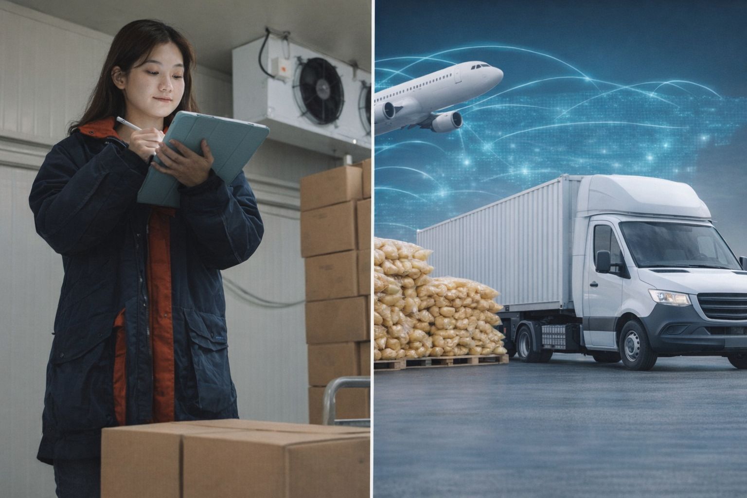 Logistik-Mitarbeiterin mit Tablet neben Lieferwagen und Frachtflugzeug.